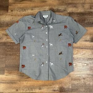 VTG Teddi Embroidered Dogs Gray Houndstooth Button-Up Camp Shirt MP Twee READ